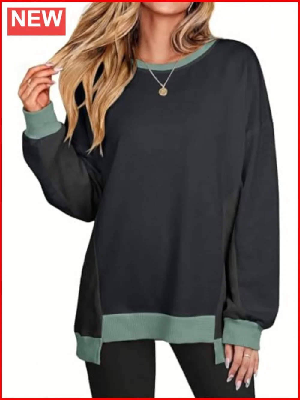 Waffle Knit Color Block Oversized Long Sleeve Sweatshirt